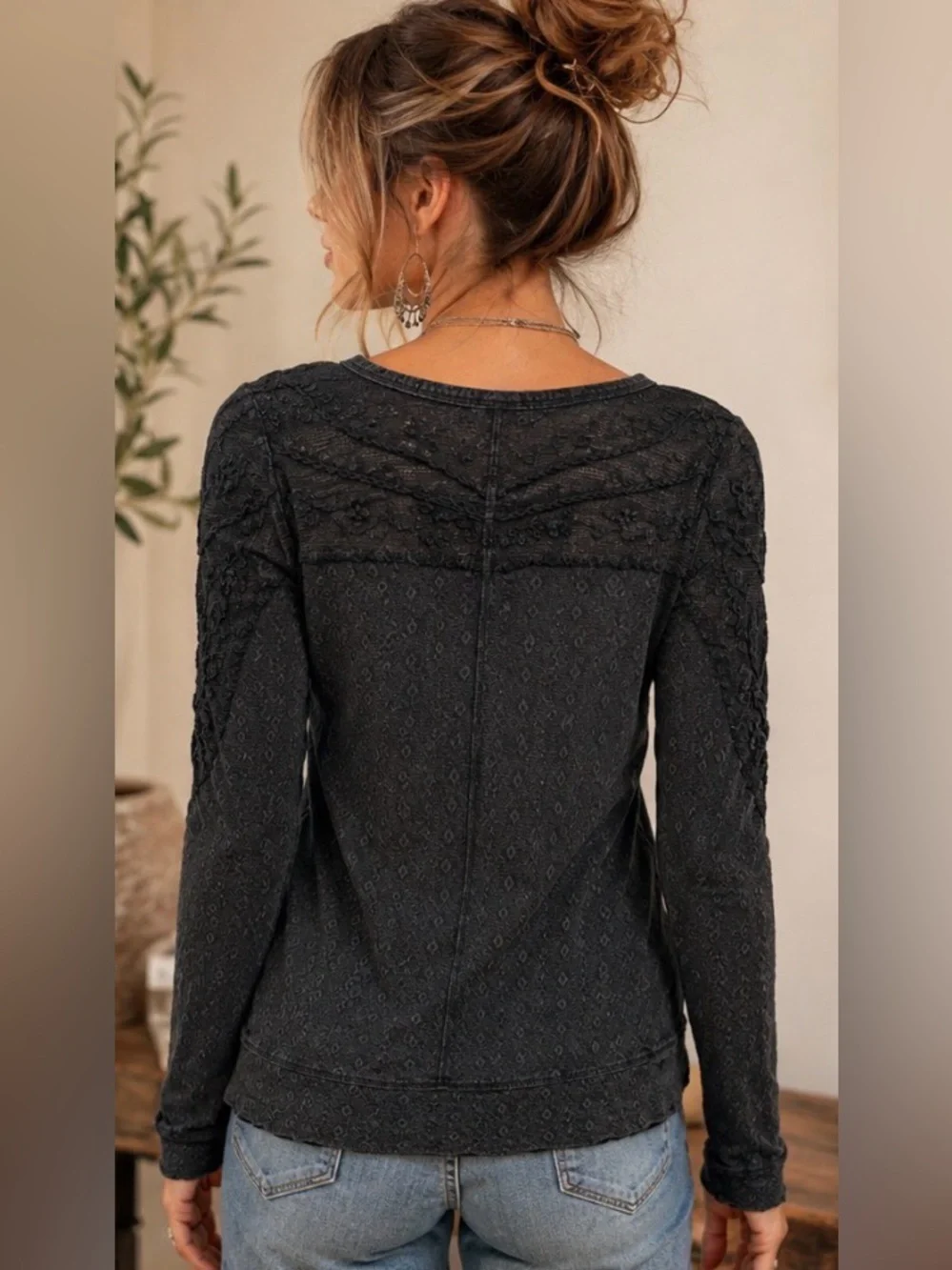 Free People Size Small Black Embellished Top Studded  Boho Lace Long Sleeve